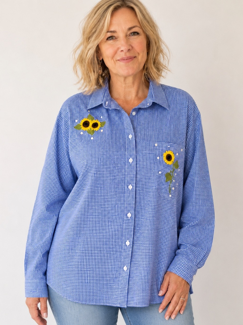 Las Olas Oversized Gingham Sunflower Embroidered Shirt